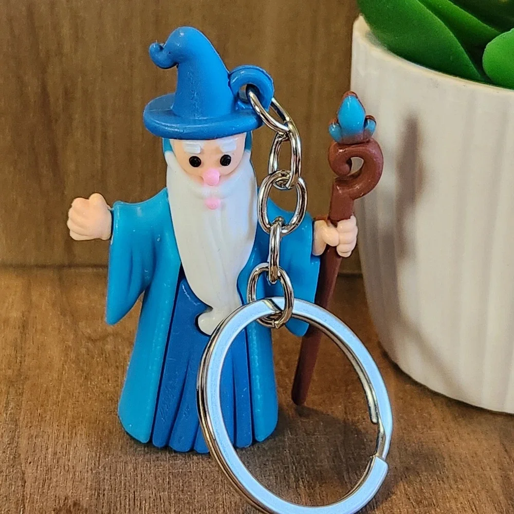 Blue Wizard Sorcerer Figural Keychain Fantasy Magic Staff Plastic Key Ring 2in